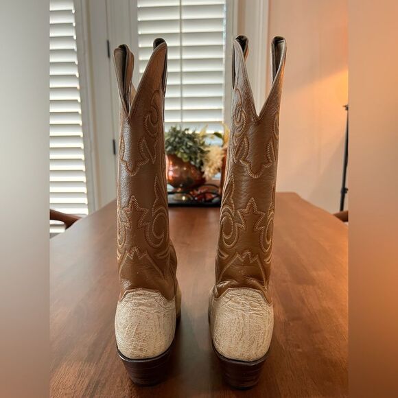 Rare Vintage Justin Cowboy Boots Cream Tan Leather Almond Toe Western Women’s 6B - Picture 4 of 11